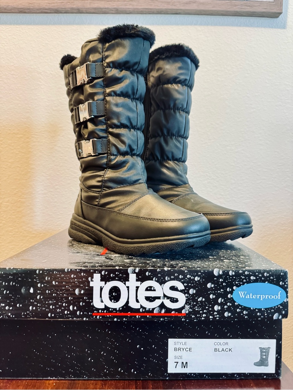 totes Black Quilted Mid-Calf Waterproof Boots with Faux Fur Trim and Buckles